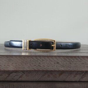Aimee Lynn Women narrow black leather belt two tone silver gold buckle